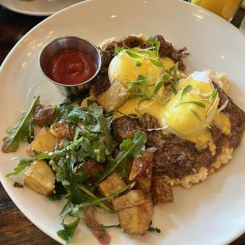 Farmer's Bottega Restaurant signature dishes Short Rib BenedictFrench Toast Bottega Stack